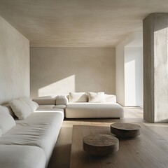 Wall Mural - Minimalist living room with a large white sectional sofa, two wooden coffee table, and a concrete pillar.