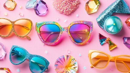 Poster - Close-up of futuristic fashion accessories in a retro aesthetic including wearable tech and holographic jewelry Large space for text in center Stock Photo with copy space