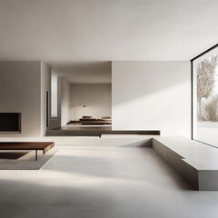 Poster - Minimalist living room with large window, concrete floor, and a couch in the background.