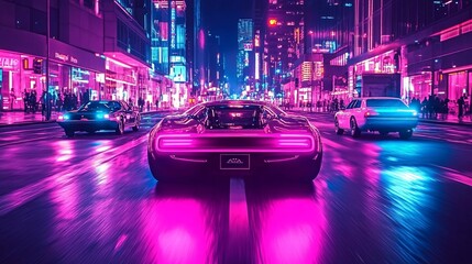 Poster - Futuristic neon-lit cityscape with flying vintage electric cars and retro robots walking the streets Large space for text in center Stock Photo with copy space