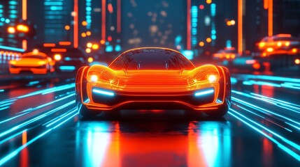 Poster - Futuristic neon-lit cityscape with flying vintage electric cars and retro robots walking the streets Large space for text in center Stock Photo with copy space