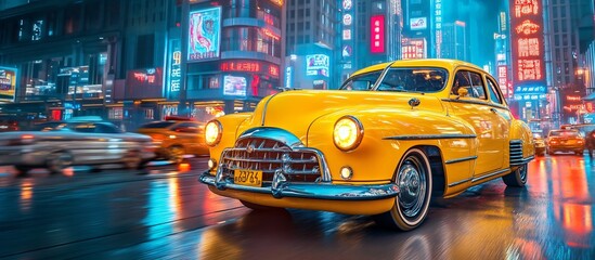 Poster - Flying vintage cars powered by electric engines soaring through a vibrant futuristic city filled with neon signs and skyscrapers Large space for text in center Stock Photo with copy space