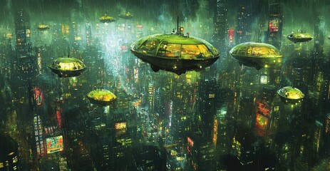 Poster - Retro space travel scene with a 70s-style spacecraft launching into the stars in a cosmic backdrop with glowing planets Large space for text in center Stock Photo with copy space