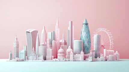 Wall Mural - Minimalist white London skyline with pink and blue background.