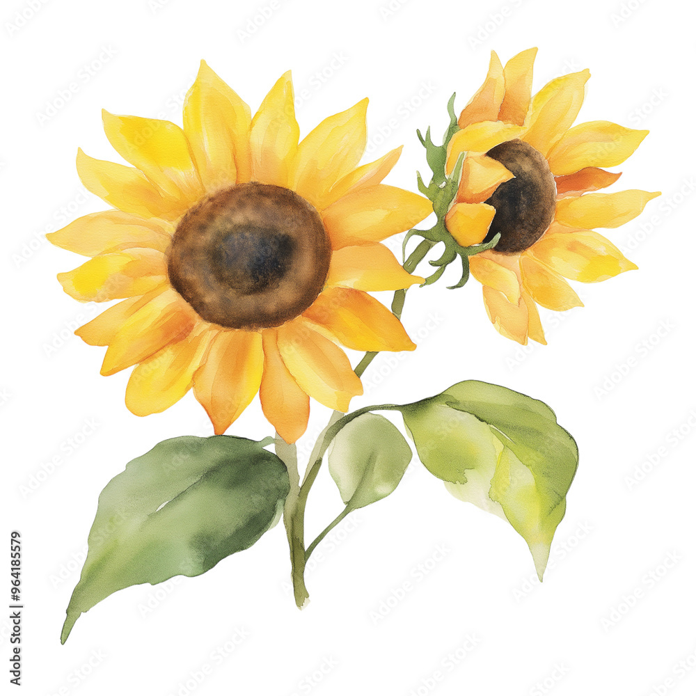 Yellow sunflower, watercolor clipart illustration with isolated ...