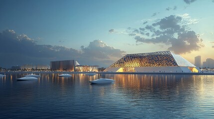 Canvas Print - Modern architecture building by the water at sunset with boats in the foreground.