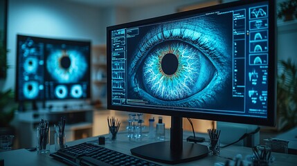 Cyberpunk Eye Clinic with Retro Decor and Modern Technology An ophthalmology clinic with a cyberpunk atmosphere decorated in a retro style with modern technology.Stock Photo with copy space