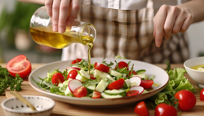 Woman adding tasty apple vinegar into salad with vegetables on plate