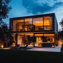 Poster - Modern home with large windows and warm lighting at dusk.