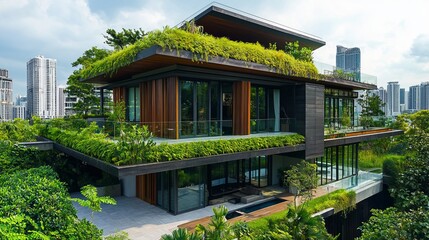 Sticker - Modern house with green roof and swimming pool surrounded by lush greenery.