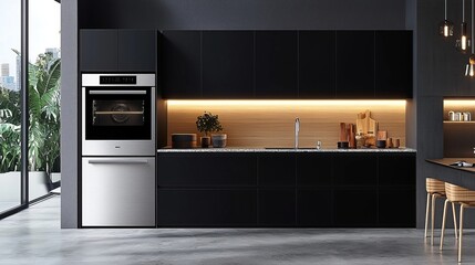 Canvas Print - Modern kitchen with stainless steel appliances and black cabinets.