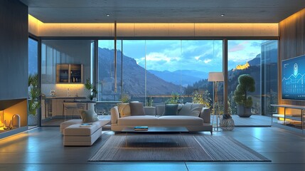 Sticker - Modern living room with a view of mountains and a fireplace.