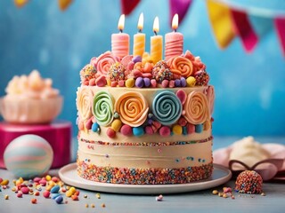 Wall Mural - Colorful candy decorations, along with layers of frosting and sprinkles on a cake.  The playful and vibrant appearance captures the joy and fun of a celebration.