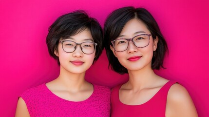 Sticker - Two women in glasses posing for a picture against pink background, AI