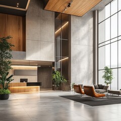 Sticker - Modern lobby with wooden reception desk, glass panels, and leather armchairs.