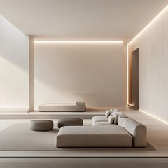 Sticker - Modern minimalist living room with sectional sofa, two ottomans, and a wall with recessed lighting.