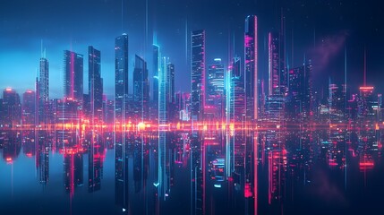 Wall Mural - Futuristic Digital Cityscape with Glowing Neon Lines and Vibrant Architecture