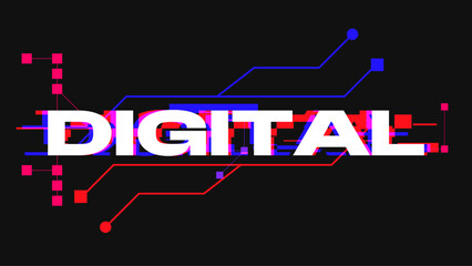 Poster - Bold Glitched Digital Typography with Bright Color Leak and Connection Decorations, Black Background