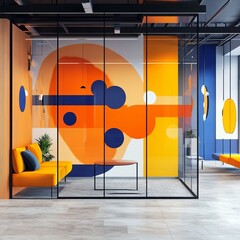 Canvas Print - Modern office interior with colorful glass wall and yellow sofa.