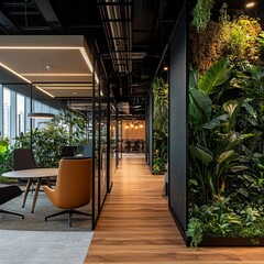 Poster - Modern office hallway with a green wall and a meeting room with glass walls.