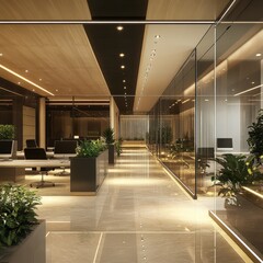 Sticker - Modern office hallway with glass partitions and plants.