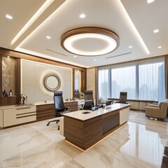 Canvas Print - Modern office interior with a large wooden desk and chairs, a large window with a view of the city, and a circular ceiling light.