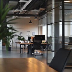 Sticker - Modern office interior with glass walls and desks,  a potted plant in the foreground and a computer chair in the background.