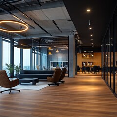 Sticker - Modern office interior with wood flooring, leather chairs, and large windows.