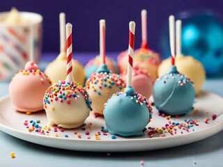 Wall Mural - Image of birthday cake pops decorated with colorful frosting and sprinkles, perfect for a fun and festive celebration. The joy and sweetness of a birthday party.