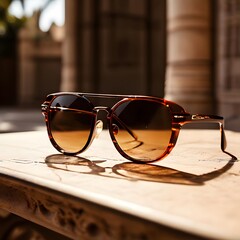 Elegant sunglasses on a neutral surface, highlighting the craftsmanship and lens tint, sunglasses on the table