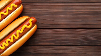 Wall Mural - Two hot dogs with mustard on a wooden table, AI