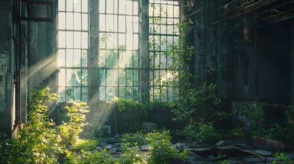 Canvas Print - Overgrown Abandoned Factory with Sunlight Filtering Through Broken Windows