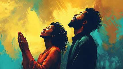 Religious black man and woman pray tto god, belief in the church and jesus christ, illustration of african religion background