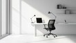 © KYR - Sleek and simple office space with a white desk and black chair, complemented by a single decorative piece on the shelf, highlighting minimalism.