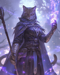 mystical female cat beastfolk mage casting powerful arcane spells in a glowing forest filled with magic