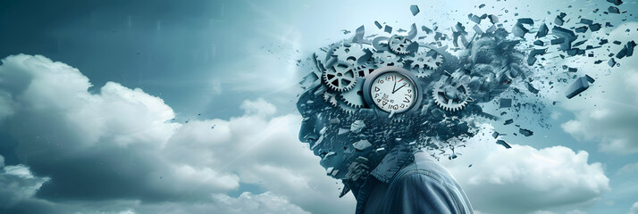 Wall Mural - A time traveler with clock gears bursting from their head and Symbolizing the concept of temporal displacement stress and mental health across different eras. 