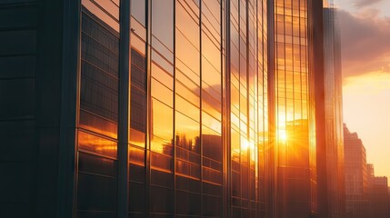 Sticker - Sunset sky illuminating a contemporary building, casting golden reflections off its glass windows, highlighting urban beauty.