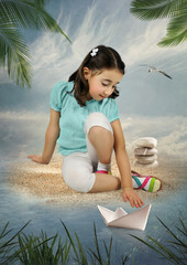 Little girl sitting on the sea sand playing with a paper boat. Digital art.