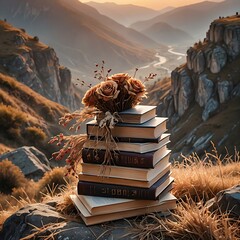 Books stack with dried roses on top standing on the edge of the cliff with mountain valley landscape view on sunset sky 