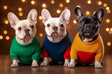  Three French Bulldog dogs wearing colorful sweaters, sitting on the floor against a brown background with lights.