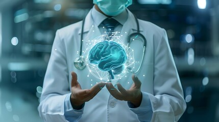 Doctor showing symbol of human brain at futuristic illisturation. Network brain  model in hand of doctor, Concept for medicine, neurologist, alzheimer's disease	
 Medical technology concept