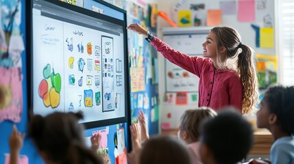 Wall Mural - A teacher guiding students through a lesson on a digital interactive whiteboard, with students actively participating