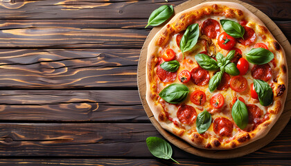 Delicious pizza served on wooden table