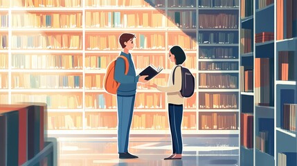 Wall Mural - A teacher recommending a book to a student in a school library, with rows of bookshelves in the background