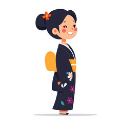 Poster - A cheerful Japanese woman in a colorful kimono, captured in a side view against a white background, perfect for kids books.