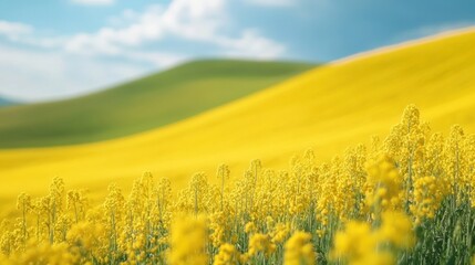 Poster - A field of yellow flowers with a green hill in the background, AI