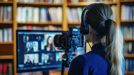 A teacher recording an educational tutorial for online distribution, with teaching materials displayed on screen