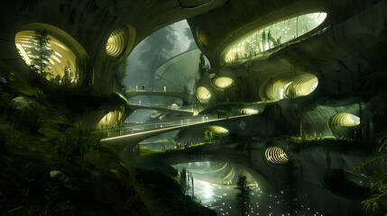 An underground eco-city utilizing geothermal energy and bioluminescent lighting 