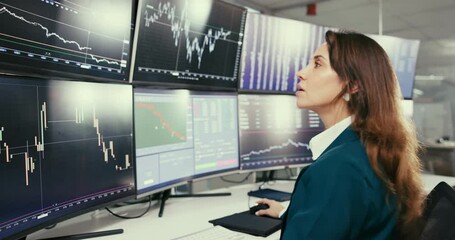 Aufkleber - Business woman, trading and stock market with screen for monitoring exchange, commodities or investment at office. Female person, trader or broker with candlestick data for profit, loss or plummet