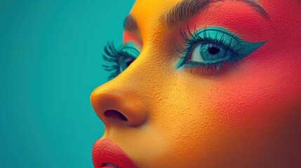 Vibrant beauty portrait featuring bold makeup and striking colors, showcasing artistic expression and modern aesthetics.